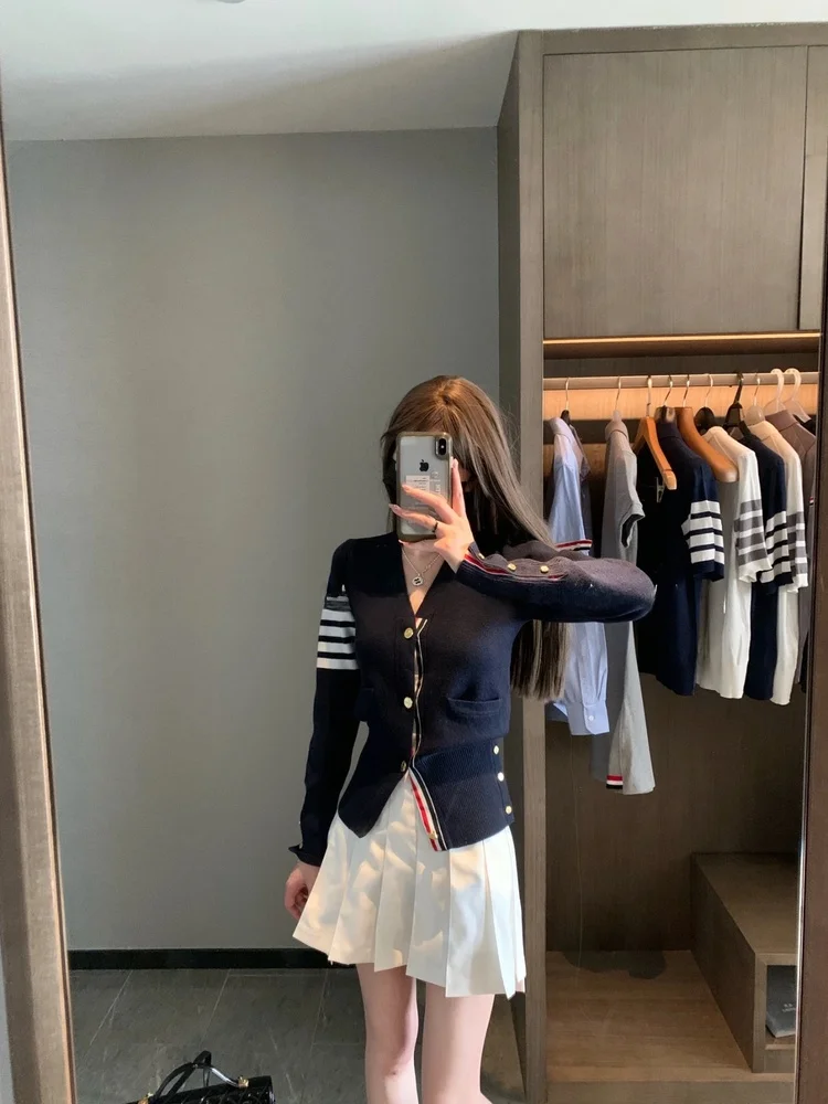 

Seoul Style V-Neck Knitted Open Cardigan Slim Fit Color Block Waist-Cinching Short Sleeve Women's Cotton Sweater Top