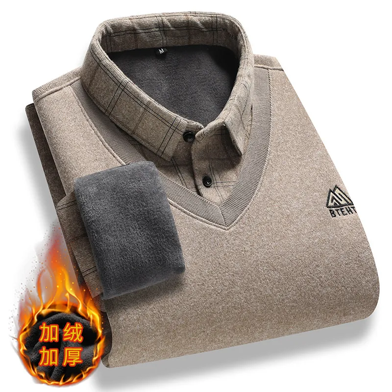 New Autumn Men Outwear Casual Twinset Shirts Sweaters Winter Knitted Pullovers Sweaters Male Fleece Warm Fake Two P Sweaters 4XL