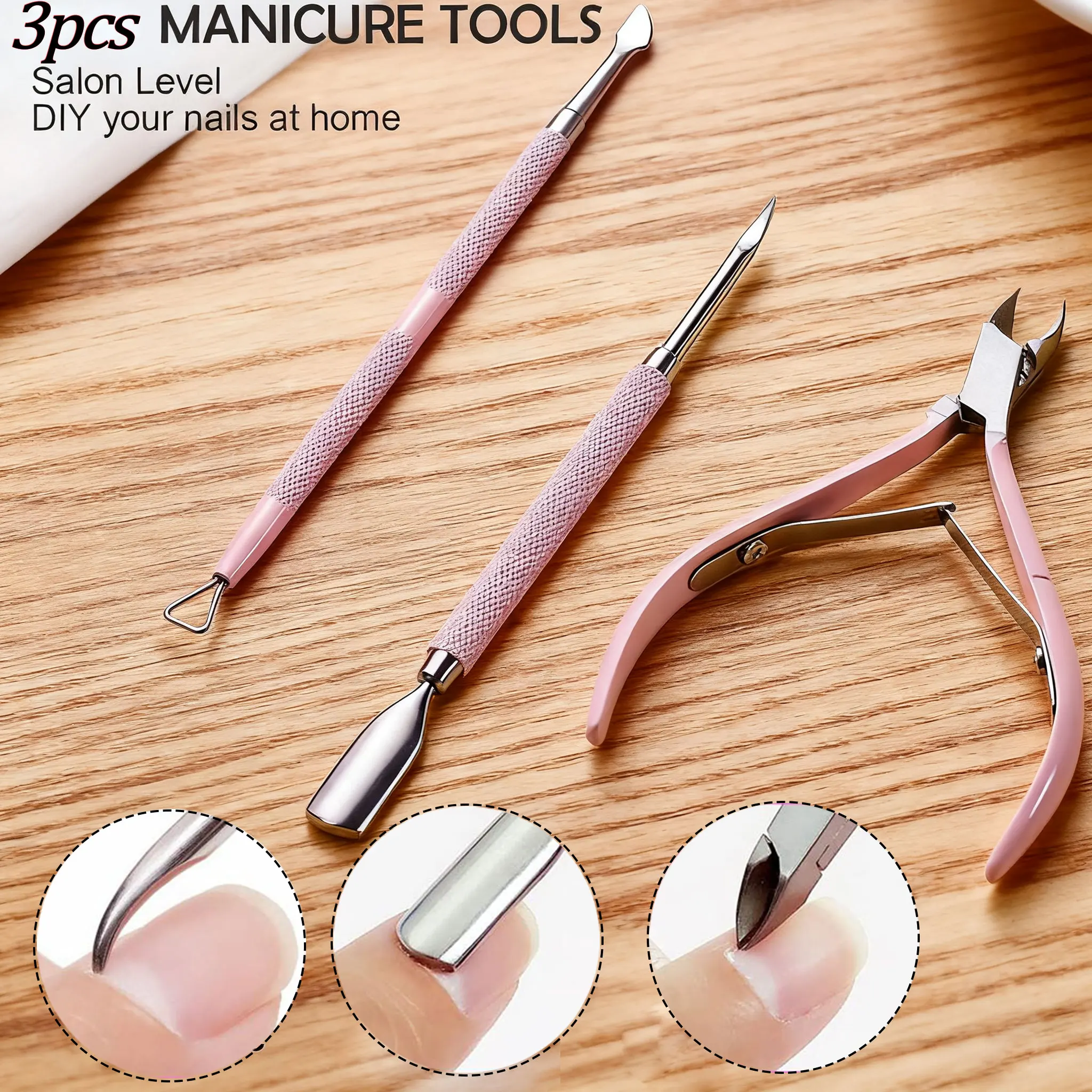 Tagliacuticole rosa + Set spingipelle 1/2/3PC Pinza per cuticole per unghie a doppia estremità in acciaio inossidabile Professione Pedicure Strumento per manicure