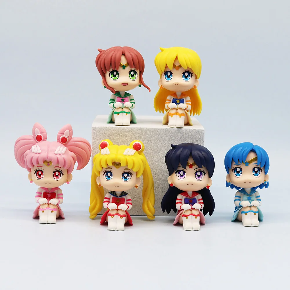 6 Pcs/Pack Q Ver. Sitting Sailor Moon Figure 7-8cm Anime Beautiful Girl Model Chibiusa Hino Rei Kino Makoto Car Ornaments