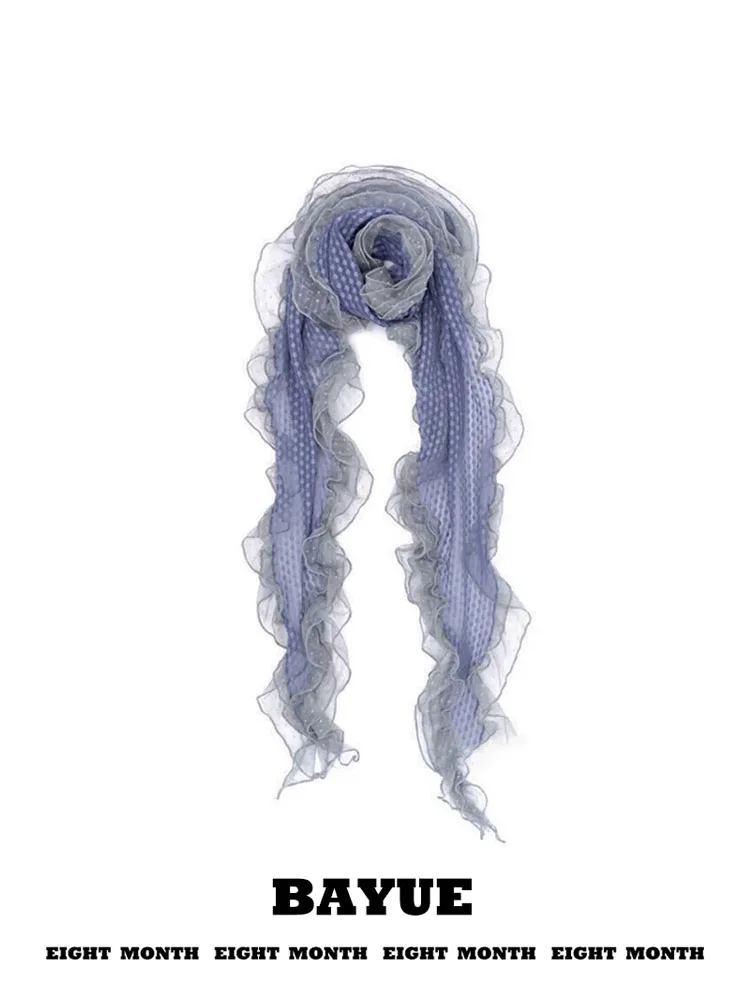 

Delicate Polka Dot Lace Scarf Artistic Style Thin Long Necktie Silk Scarf High End Feel Lotus Leaf Thin Shawl for Women