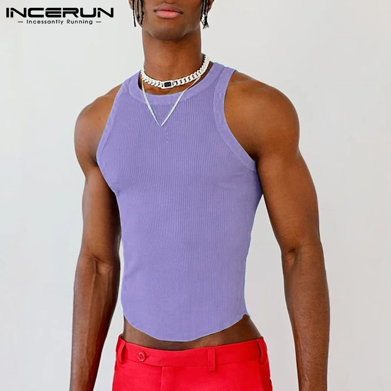 INCERUN Solid Color Men Tank Tops Round Neck Sleeveless Streetwear 2024 Summer Casual Vests Fitness Fashion Men Clothing S-5XL