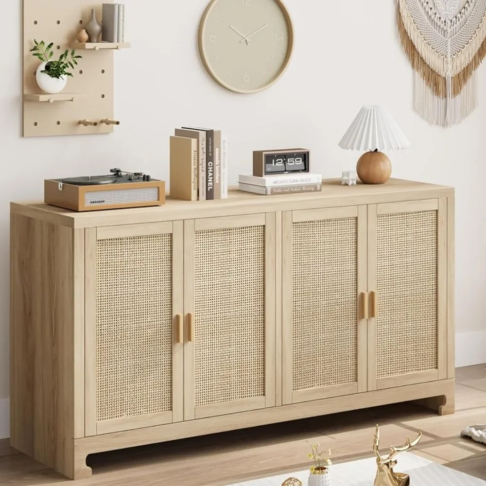 

Rattan Accent Storage Cabinet with 4 Doors and Shelf, Sideboard Buffet Cabinet with Storage