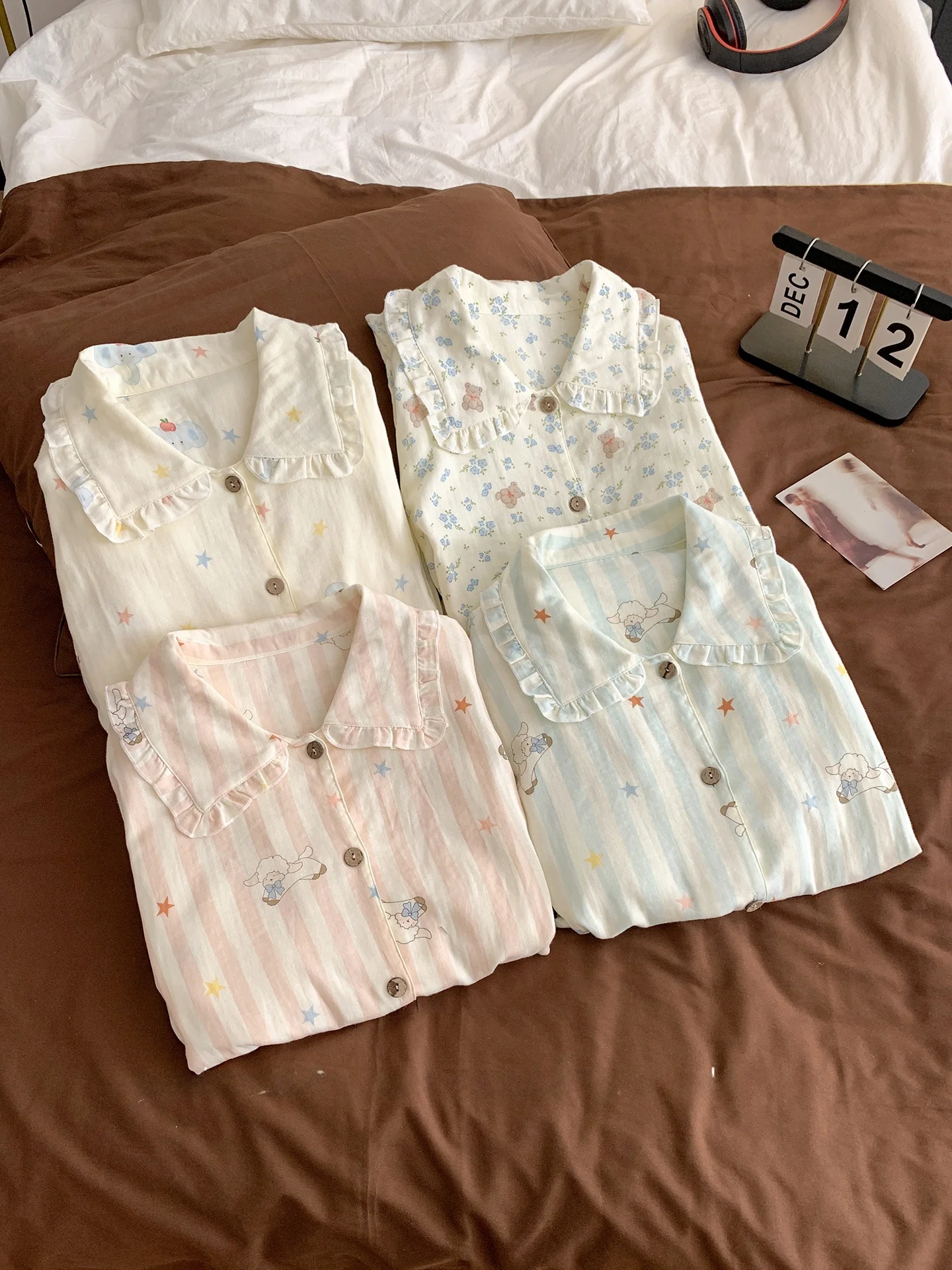 sweet-style-cotton-nightgown-women's-fall-home-clothes-shirt-collar-cartoon-print-long-sleeve-comfortable-sleepwear