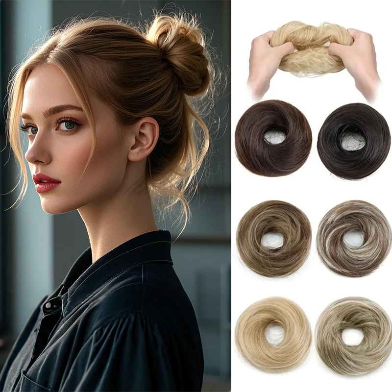 Syntetyczny, potargany kok doczepiany, prosty upięcie, mini gumka do włosów, kok z gumką, akcesorium do upięć, peruka typu donut.