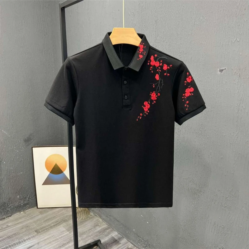 Men's Summer Polo Shirt Slim Fit Short Sleeve T-Shirt Plum Blossom Embroidery Lapel Casual Fashion Top