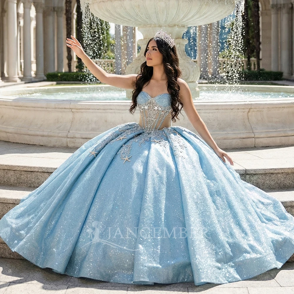 

Blue Princess Ball Gown Quinceanera Dresses vestidos de 15 quinceañeras Glittering Organza Birthday Party Customized Sleeveless