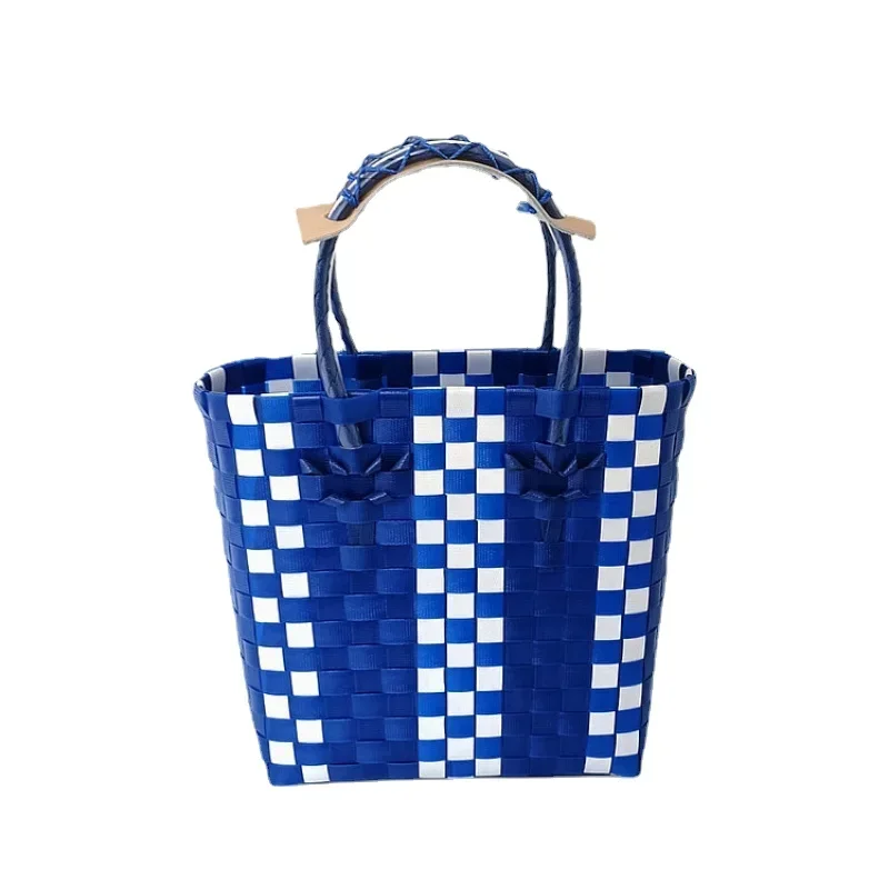 Women Handwoven Color Contrast Plaid Pattern Handbag Small Plastic Woven Tote Bag Causal Beach Holiday Shopping Bag Sacs À Main