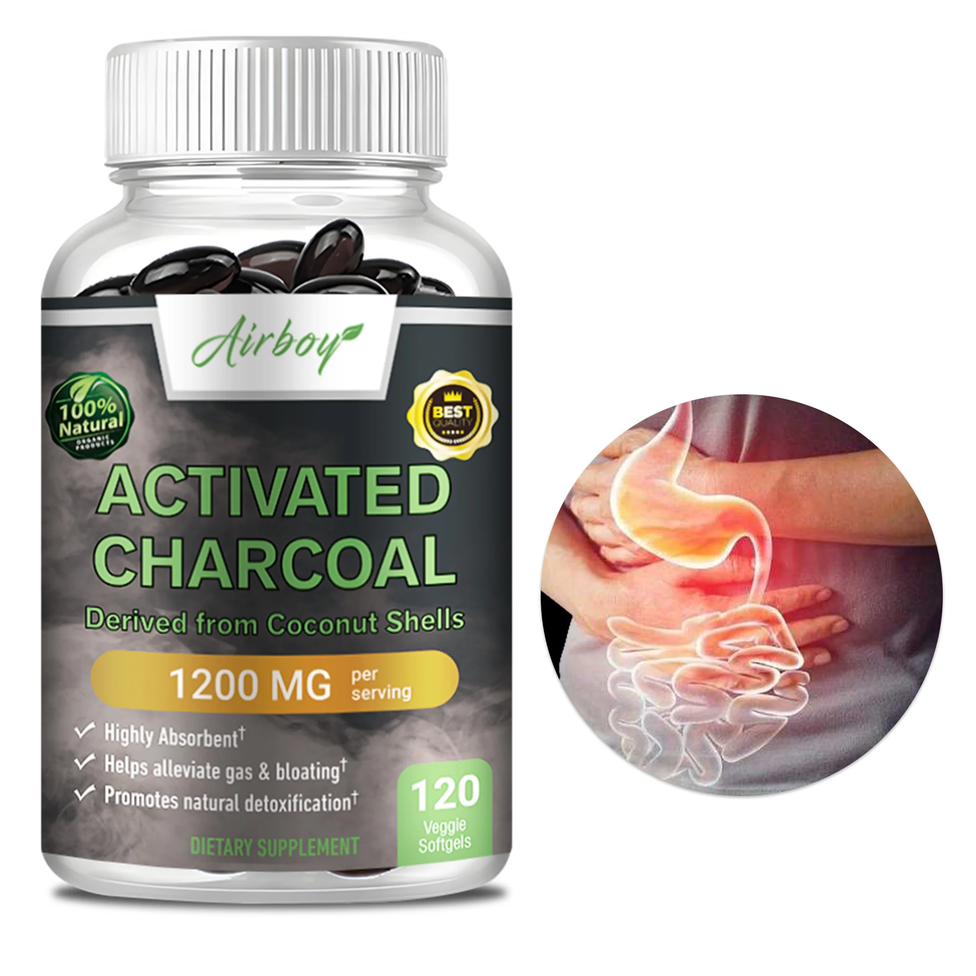 

Капсулы с активированным углем — очищение толстой толстой кишки, уменьшение кровирования и газа, способствует здоровью желоба и пищеварения, иммунитескому здоровье