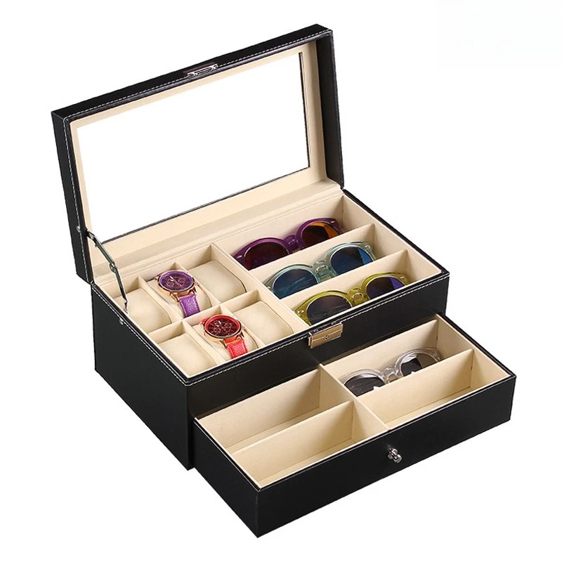 

6-digit watch storage box pu leather jewelry box, double-layer glasses storage packaging box.
