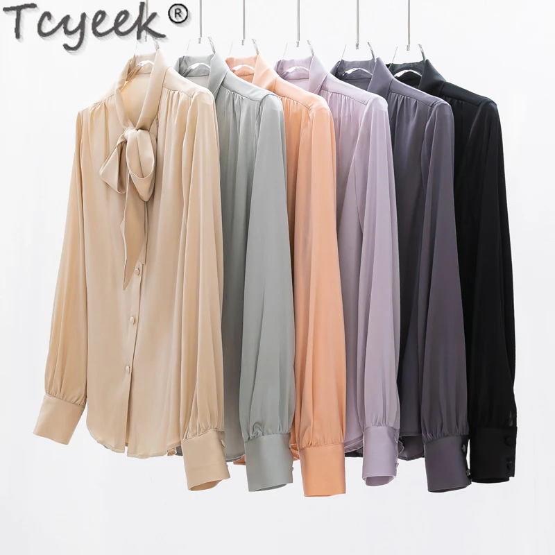 

Tcyeek High-quality 93% Mulberry Silk Shirt 2024 Spring Summer Long Sleeve Top Female OL Style Fashion Shirts for Women Bow