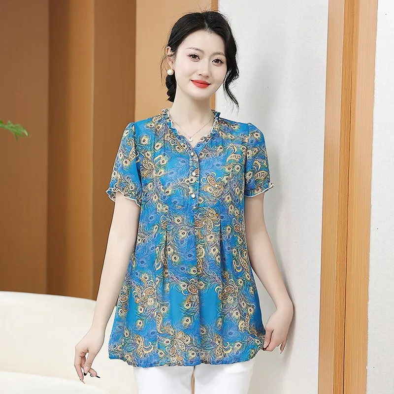 Big Size 6XLprinting Blouse Summer Chiffon Short Sleeve V-Neck T-SHIRT Vintage Loose Pullover Female Shirt Casual Women Clothing