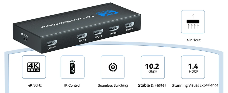 4K HDMI Quad Screen Multiviewer 4x1 1080P 4 in 1 out HDMI Multi Viewer Seamless