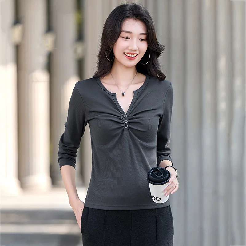 

New Women Small V-Neck T-shirt Spring Autumn Fashion Button Folds Slim Waist Long Sleeve T-shirt Simplicity Casual Female Tees