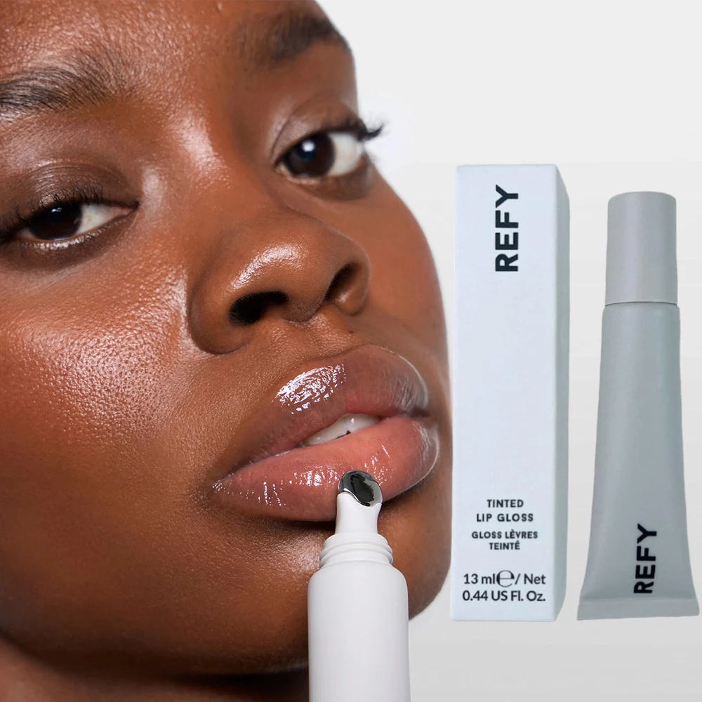 REFY Tinted Lip Gloss Hyaluronic Acid Moisturizing Hydrating High-Shine Plumping Glass Lips Cooling Metal Applicator Lips Makeup