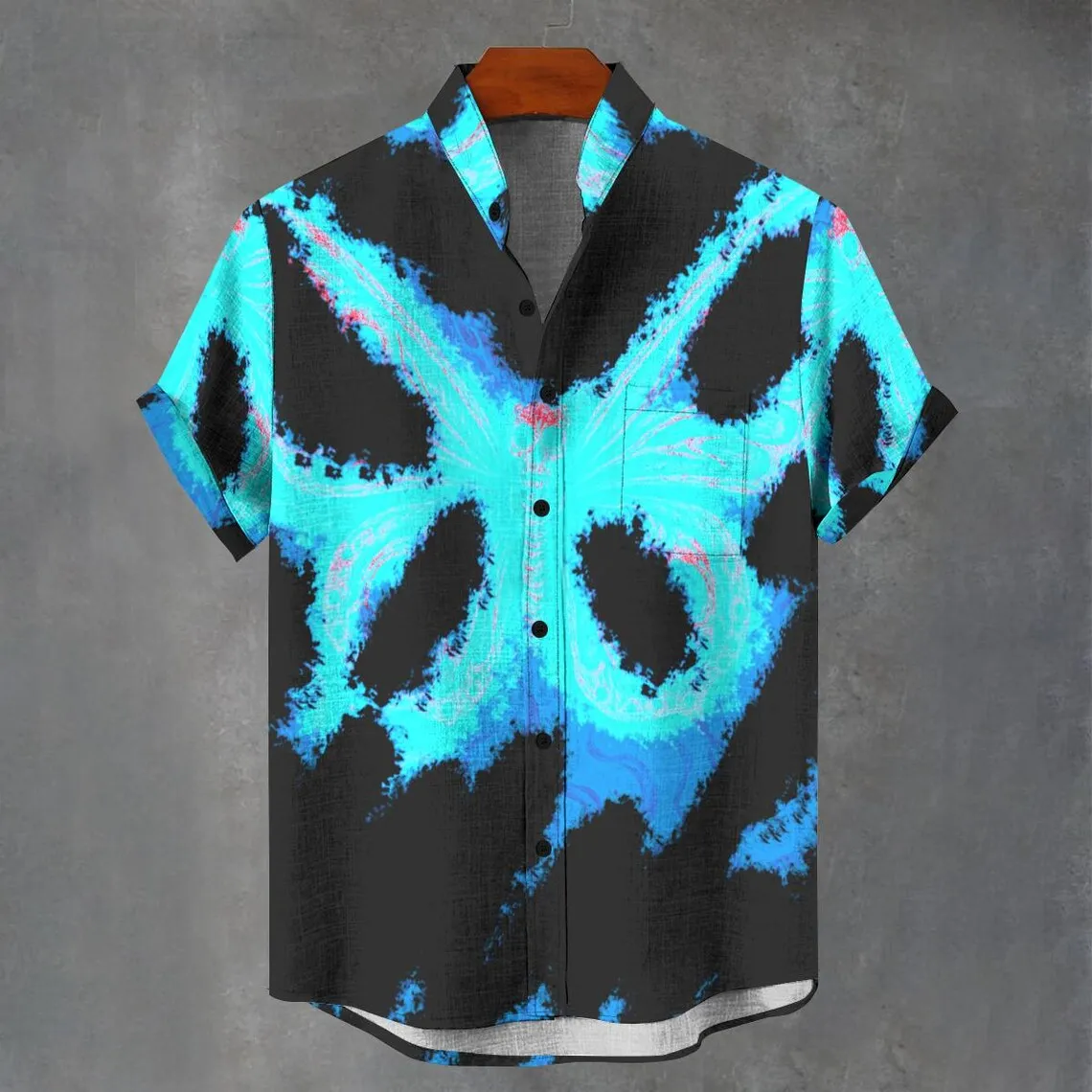 

2025 new European and American 3D butterfly print loose trendy short sleeved stand up collar linen short sleeved shirt