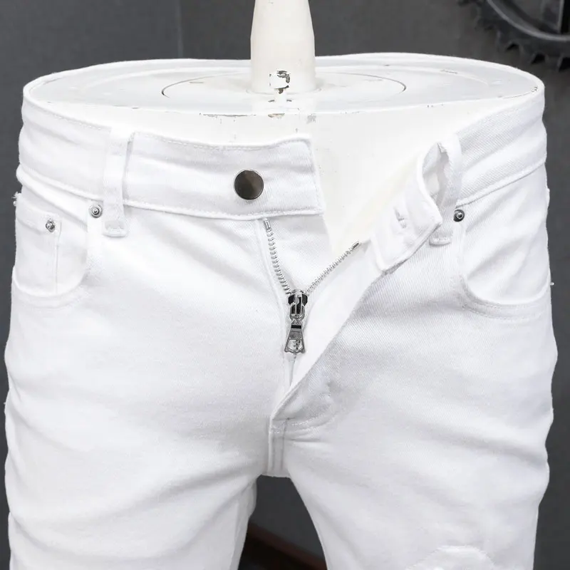 Street Designer High Street Fashion New Men's Jeans Elastic Slimming Retro Beaded Patch White Jeans Hip Hop Pants HombreY2K