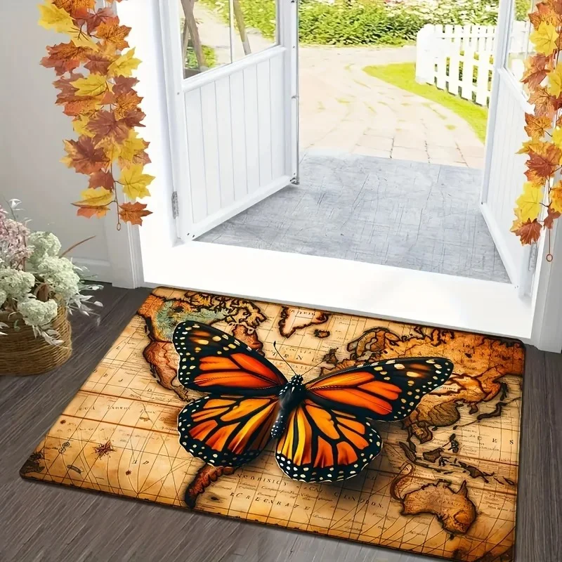 VIKAMA Monarch Butterfly Vintage World Map Antique Art Flannel Door Mat Non Slip Entryway Bedroom Living Room Home Decor Indoor