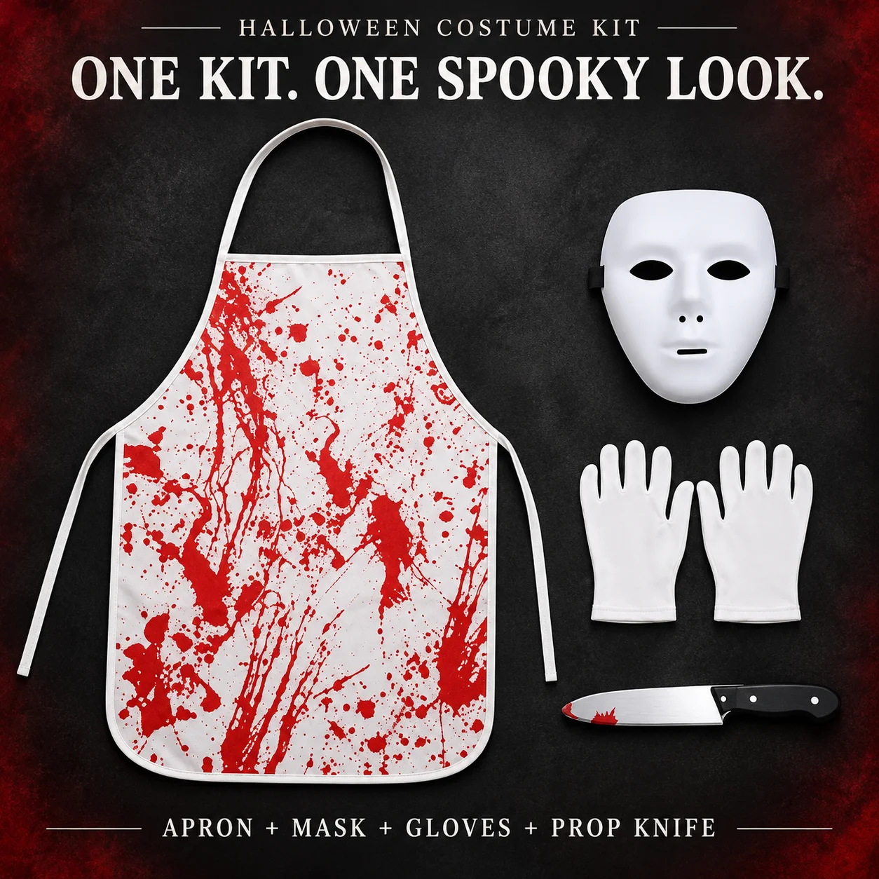 Halloween Butcher Costume Set with Bloody Apron White Mask Gloves and Fake Knife for Horror Cosplay Parties Create a Spooky Look