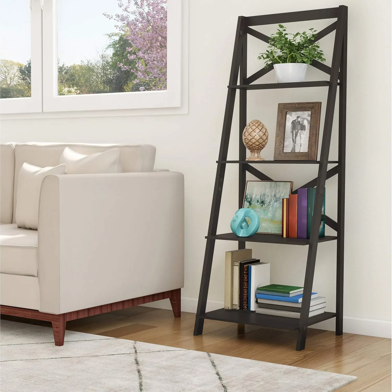 Lavish Home 4-Tier Ladder Bookshelf - Freestanding Shelved Bookcase With X-Back Frame And Leaning Look - Display Shelves For