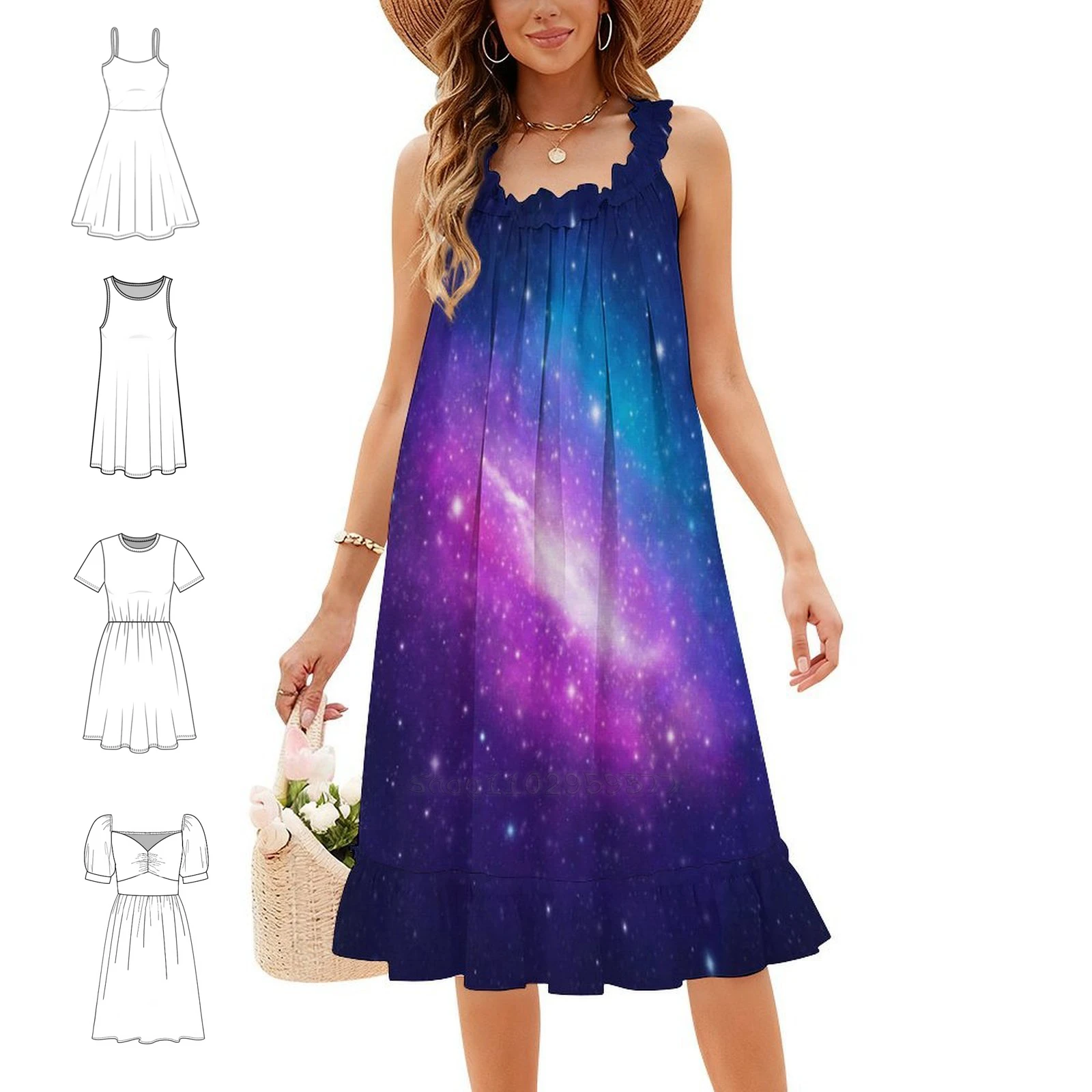 Blue And Pink Galaxy Print Vintage Bohemian Dress Puff Sleeve Or Sleeveless Options For Women Dress Universe Cosmos Galaxy