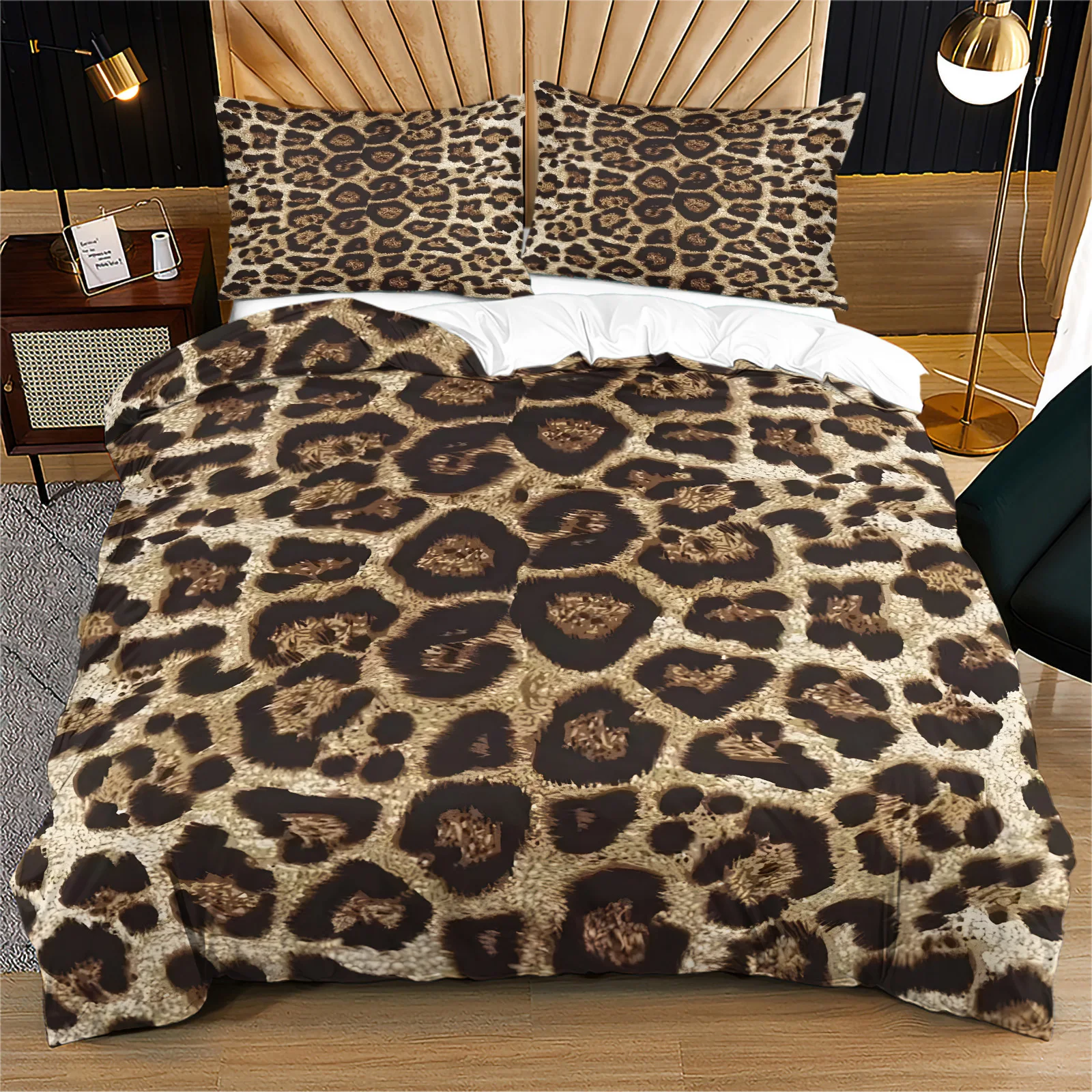 Vintage Leopard Print Duvet Cover Set Classic Brown Animal Skin Pattern Bedding Set Zipper Quilt Cover with Corner Ties Decor