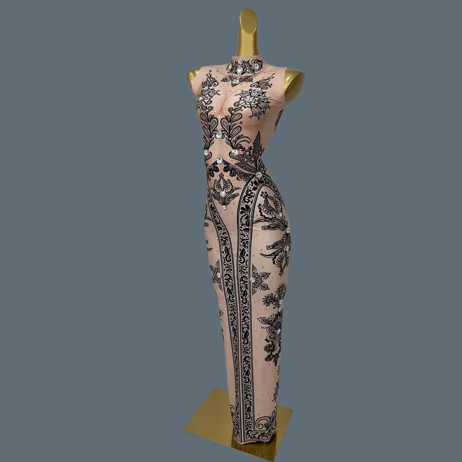 

Sexy Rhinestone Spandex Black Printing Long Dress Night Party Festival Celebrate Tight Fitting Dress Evening Gown Women Couture