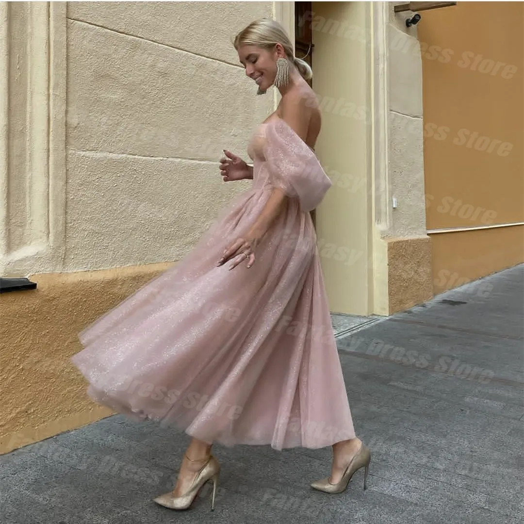 Charming Pink Birthday Prom Dress Off Shoulder Short Sleeve Sequin Side Split Sweetheart A-line Tulle Evening Dresses For Women