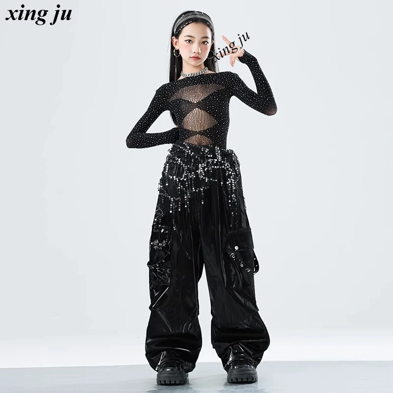 Kids Hip Hop Stage Performance Outfits Kinderen Jazzdans Kostuum Meisjes Street Dance Zwart Mesh Hollow Out Tops Leren Broek