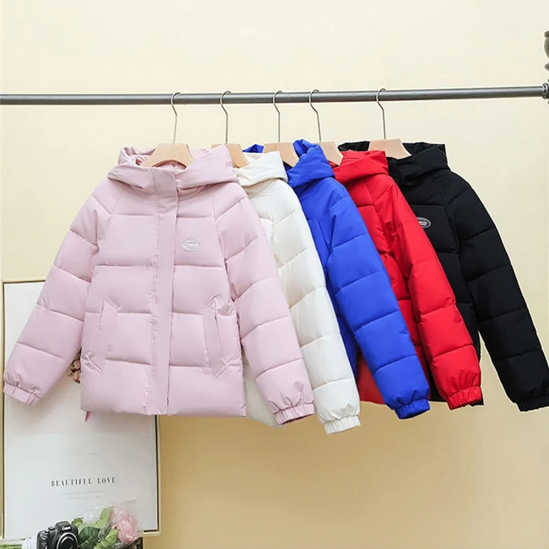 2025 novo inverno feminino curto parka solto algodão-acolchoado jaqueta senhora casacos quentes moda estudante capuz engrossar casaco feminino parkas