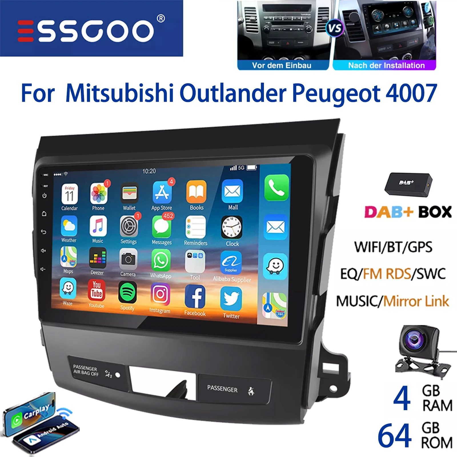 Autoradio ESSGOO Android 15 9 Inch 32G/64G voor Mitsubishi Outlander II 2006-2012 Peugeot Draadloze CarPlay Android Auto GPS Navigatie WiFi FM RDS Bluetooth Stuurwielbediening Mirror Link IPS