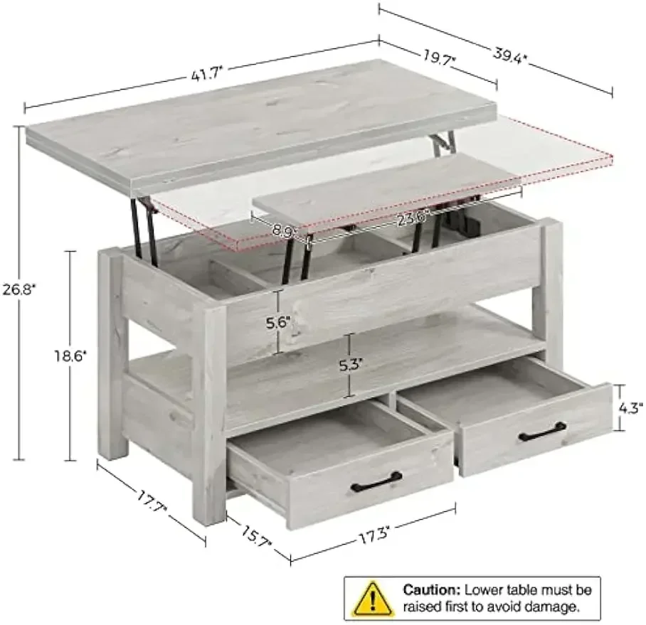 Multi-Function Convertible Coffee Table Drawers and Hidden Compartment,Coffee Table Converts to Dining Table Living Room