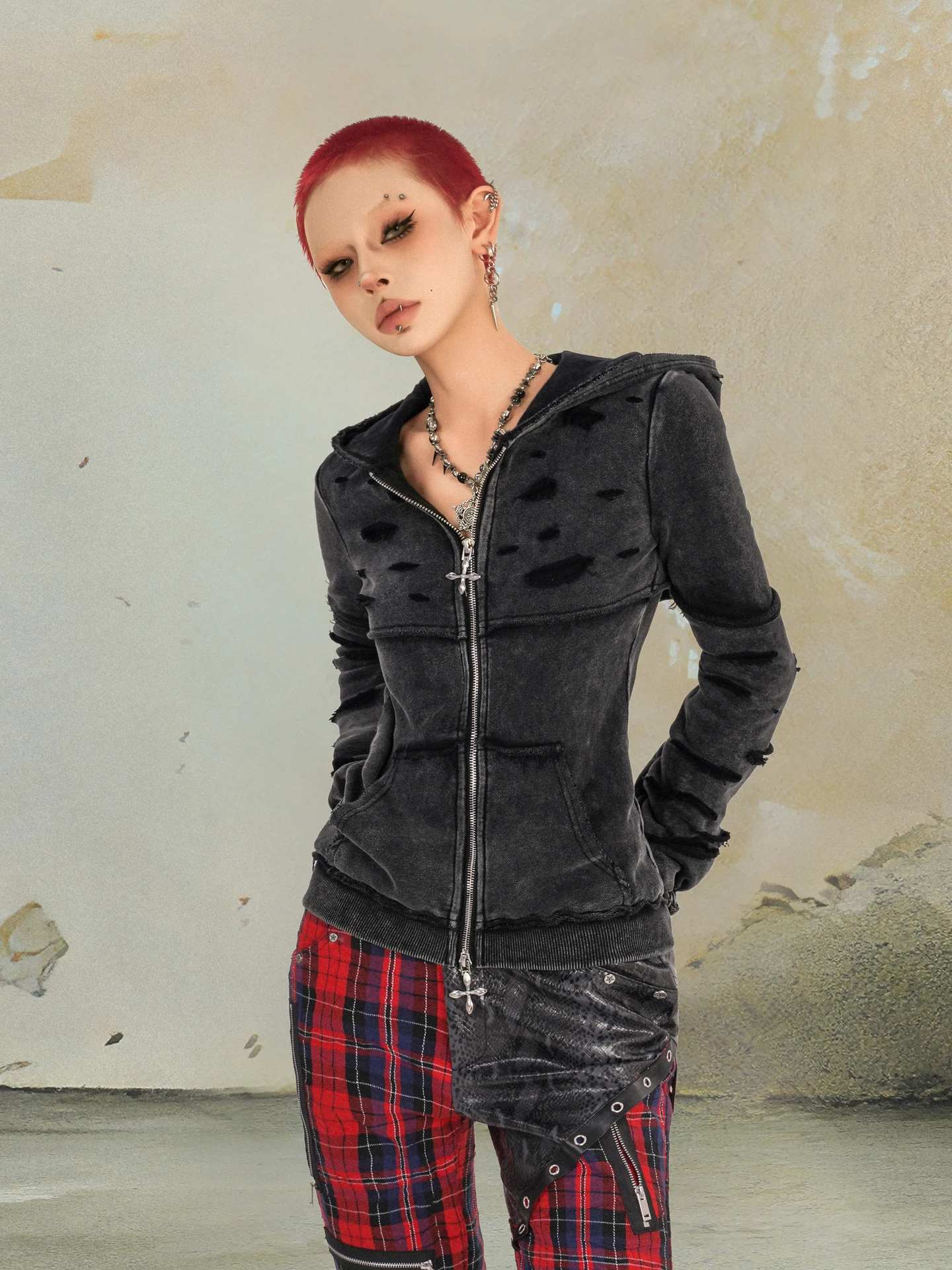 Design Punk Wear Niche Hole Zipper Hooded Sweater Female Hot Girl Jacket