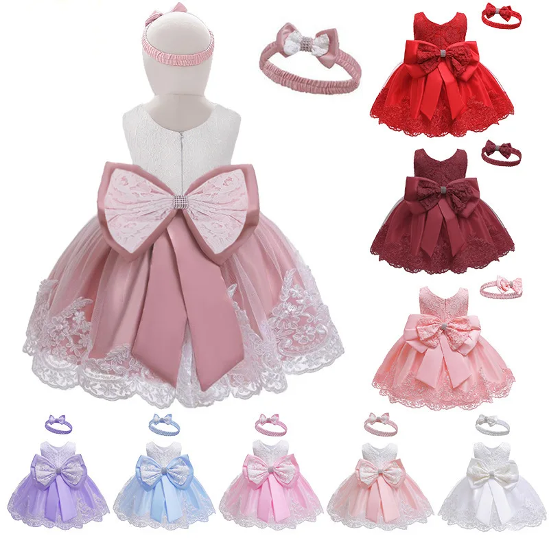 

New Children's Dress Lace Color Matching Baby One-year-old Dress Bow Princess Evening Dress Wholesale