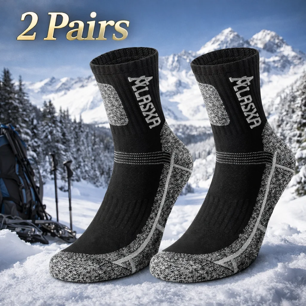 2 ペア冬用サーマルメンズスポーツソックスアウトドアウォームサイクリングランニングハイキングスキー通気性プロフェッショナルクルーソックス