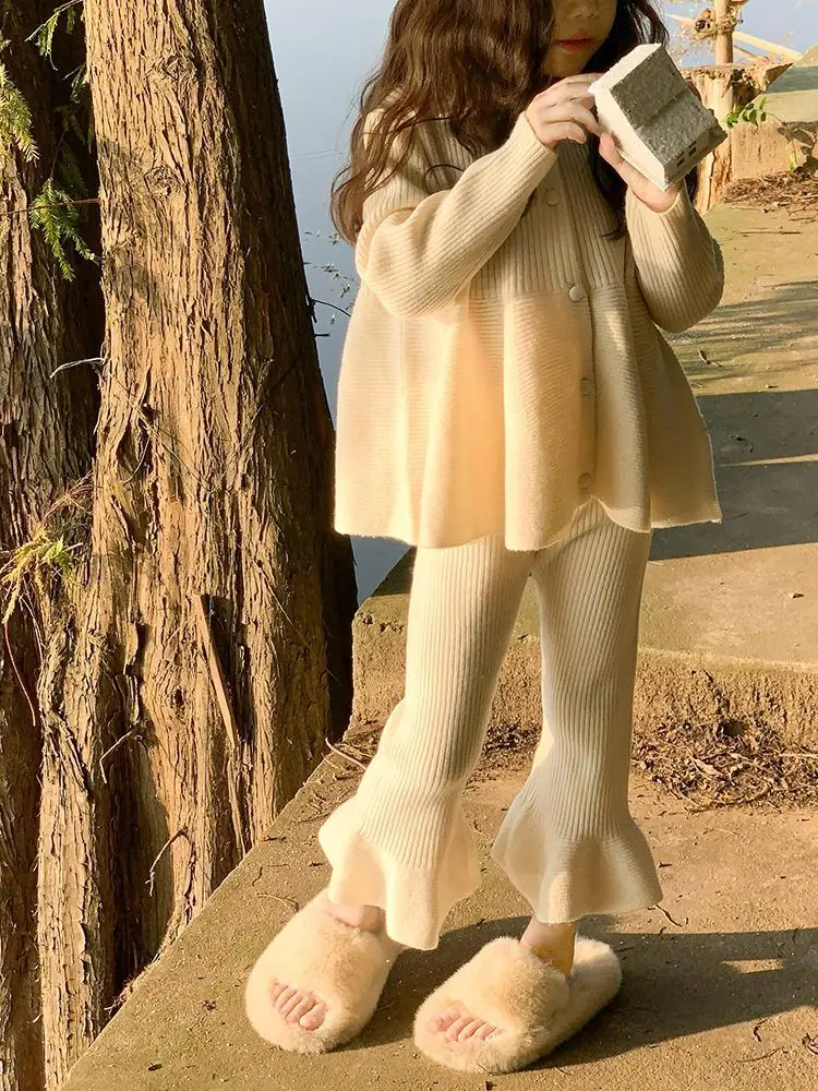 子供セットセーター甘いソフトベージュセーターコート-綿フレアパンツルーズ甘い新しいファッション暖かい快適な冬の女の子