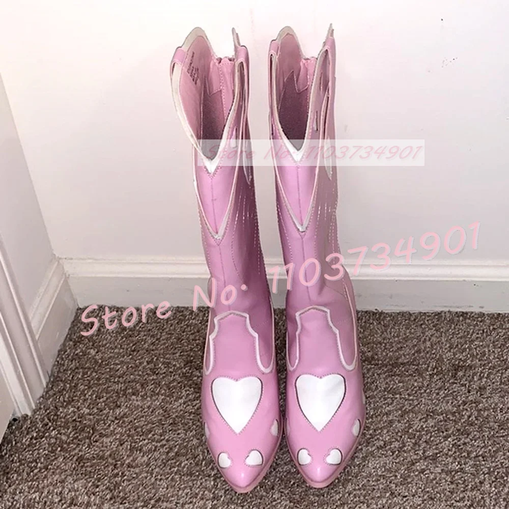 Pink Heart Decals Western Mid Boots Women Novelty Pointy Toe Block High Heels Leather Splicing Shoes Summer Trending Girls Boots