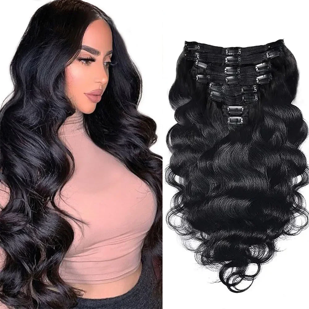 Extensions de cheveux humains Body Wave à clipser, 120 vrais cheveux humains brésiliens, clips Ins, tête complète, extension de perruque à clipser, 8 pièces par ensemble, 100% g