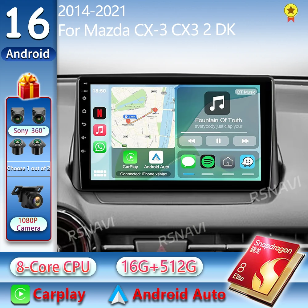 Radio para Auto con Android 16 y Carplay para Mazda CX-3 CX3 2 DK 2014 2016 - 2021, Navegación GPS, Reproductor Multimedia, WiFi+4G, Video Estéreo, Bluetooth