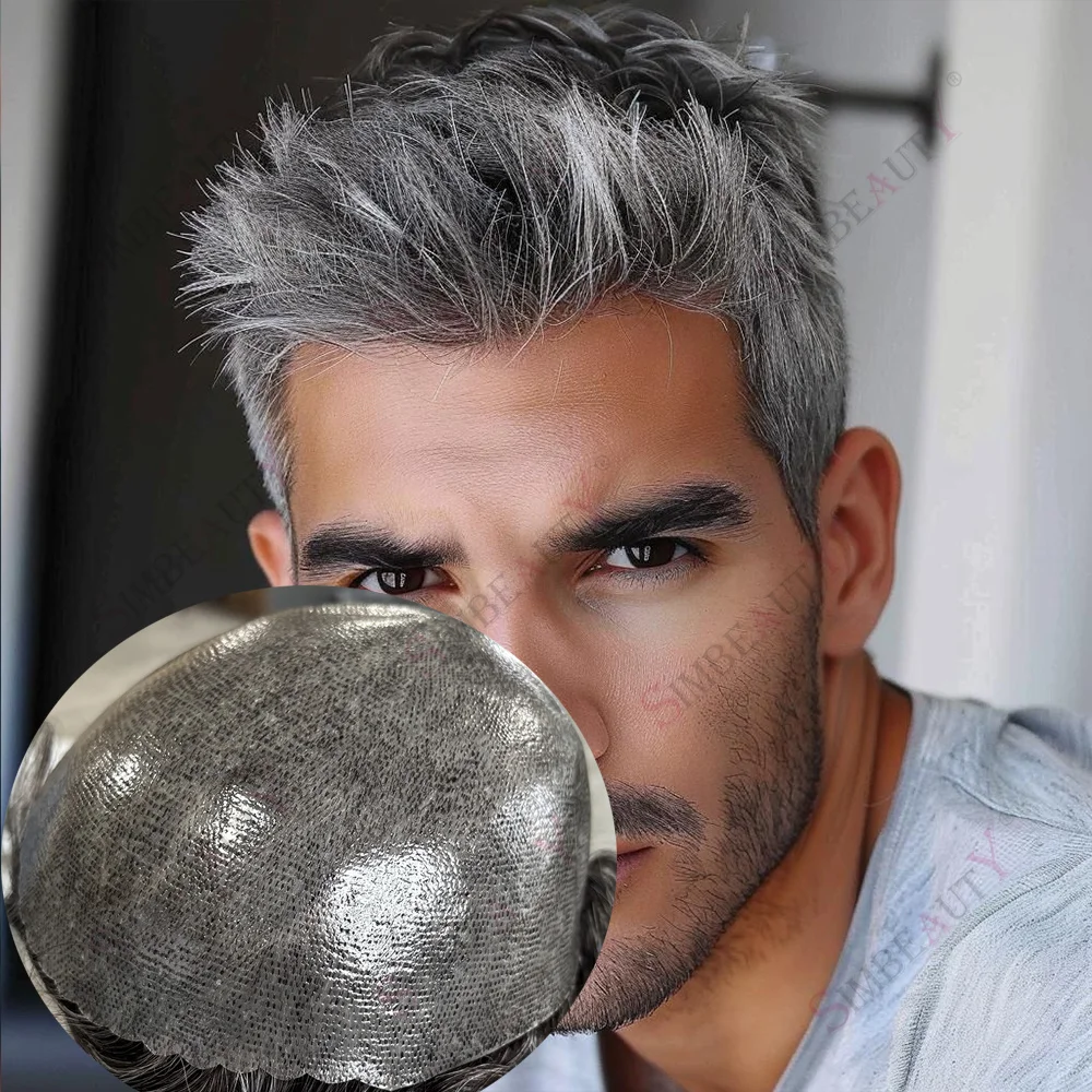 

Undetectable 1B50 Grey Dark Brown Jet Black Human Hair Prosthesis Capillary System Super Wavy Men Silicon Toupee Poly Skin Base