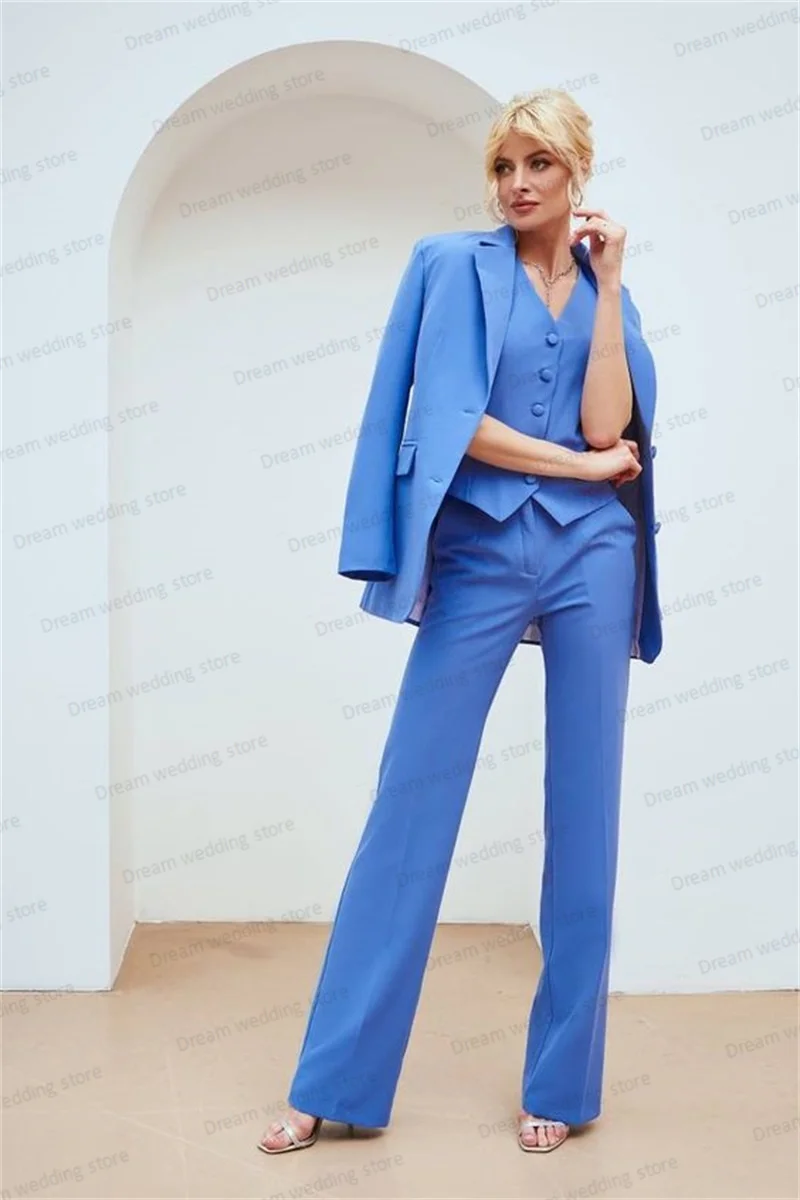 

Blue Women Suits Pants Set 3 Pcs Blazer+Vest+Trousers Formal Office Lady Jacket Custom Made Fashion Prom Dress Wedding Coat