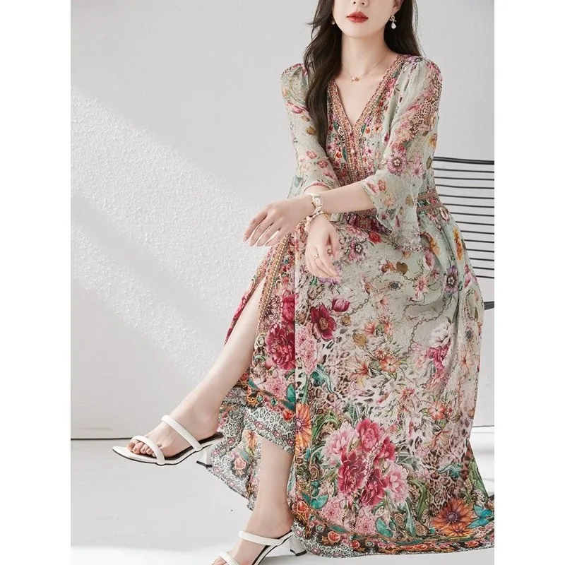 Green Silk Dress for Women in the Summer 2026 Luxurious High-end Exquisite and Elegant Temperament Mulberry Silk Vacation WJ454