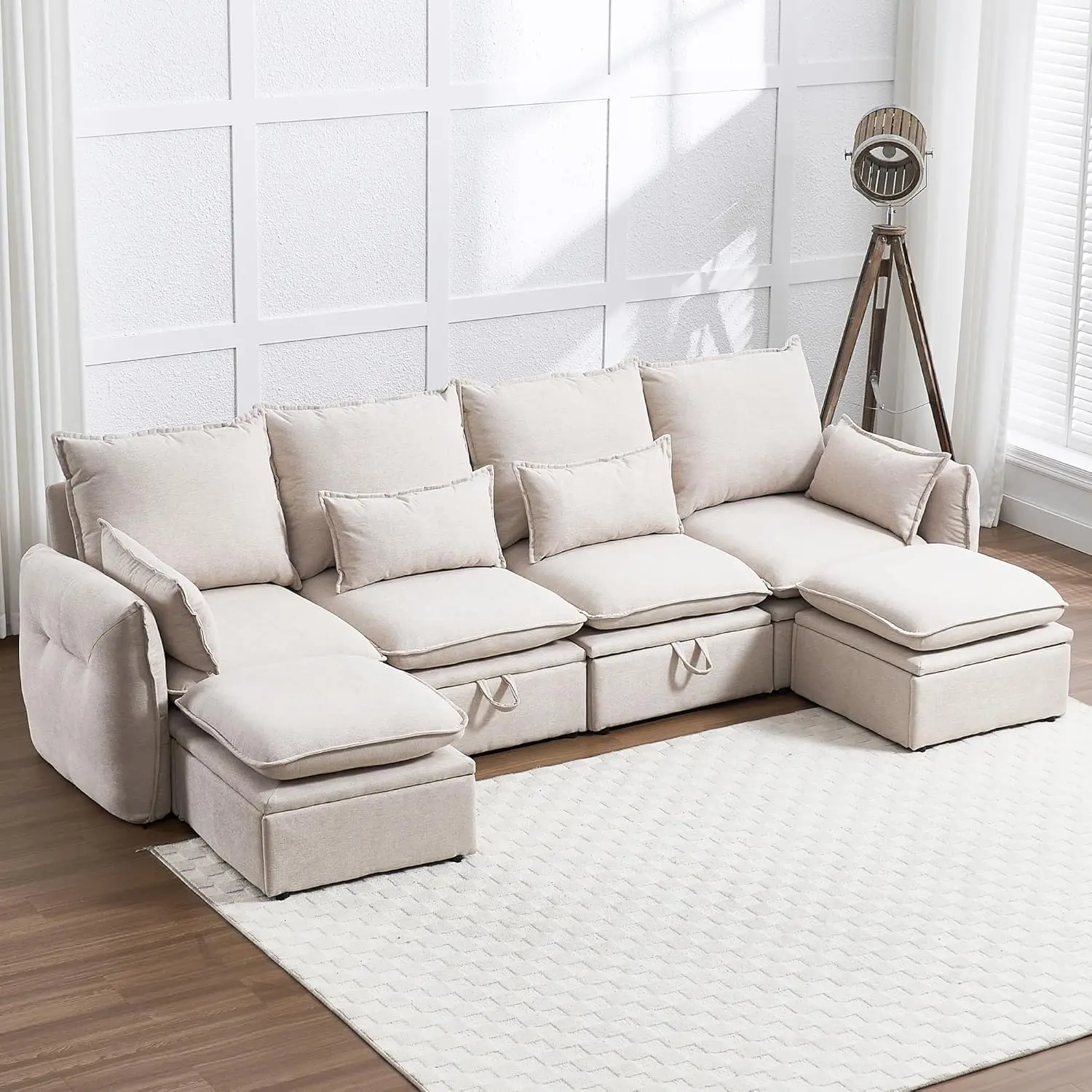 Modular Sectional Sofa U Shape Storage Ottoman Waterproof Deep Seat 6 Seats Living Room Customized