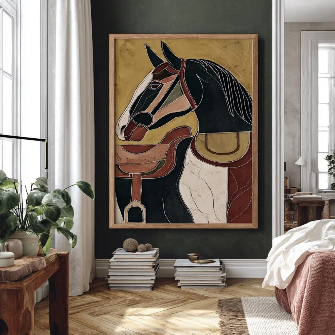 arte-de-parede-em-mosaico-equestre-regal-impressao-atemporal-celebrando-a-elegancia-dos-cavalos-o-fundo-vermelho-profundo-e-o-brilho-dourado