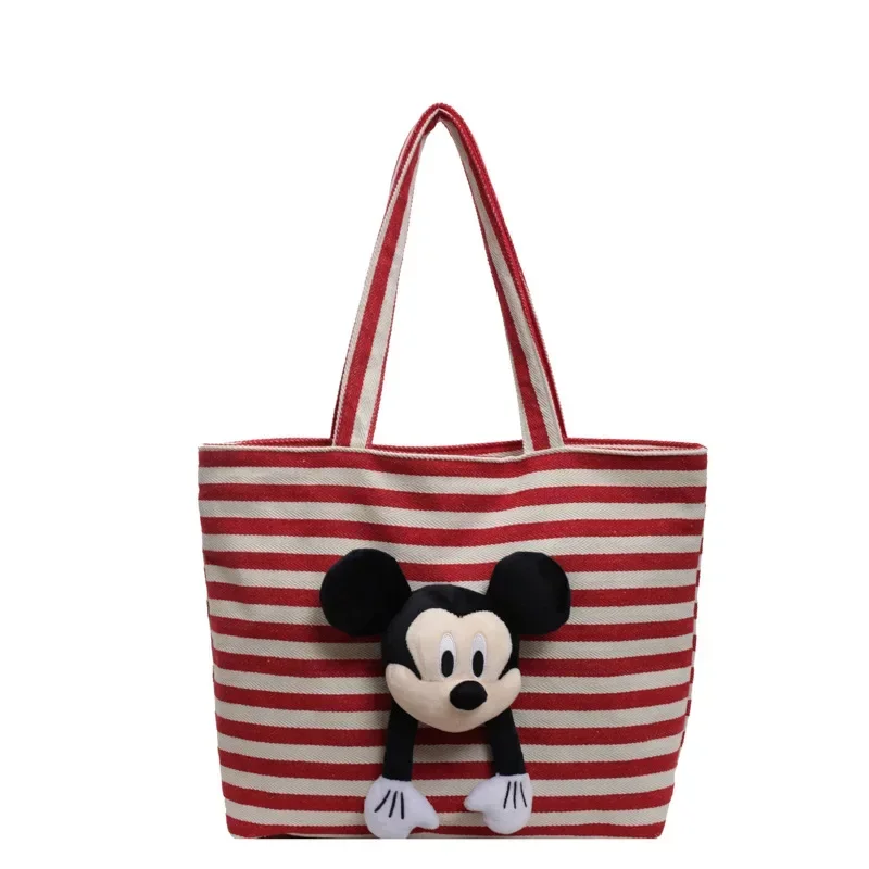 Sac fourre-tout en toile rayée pour femme, sac à main Minnie Mouse, mignon, Disney, noir et blanc