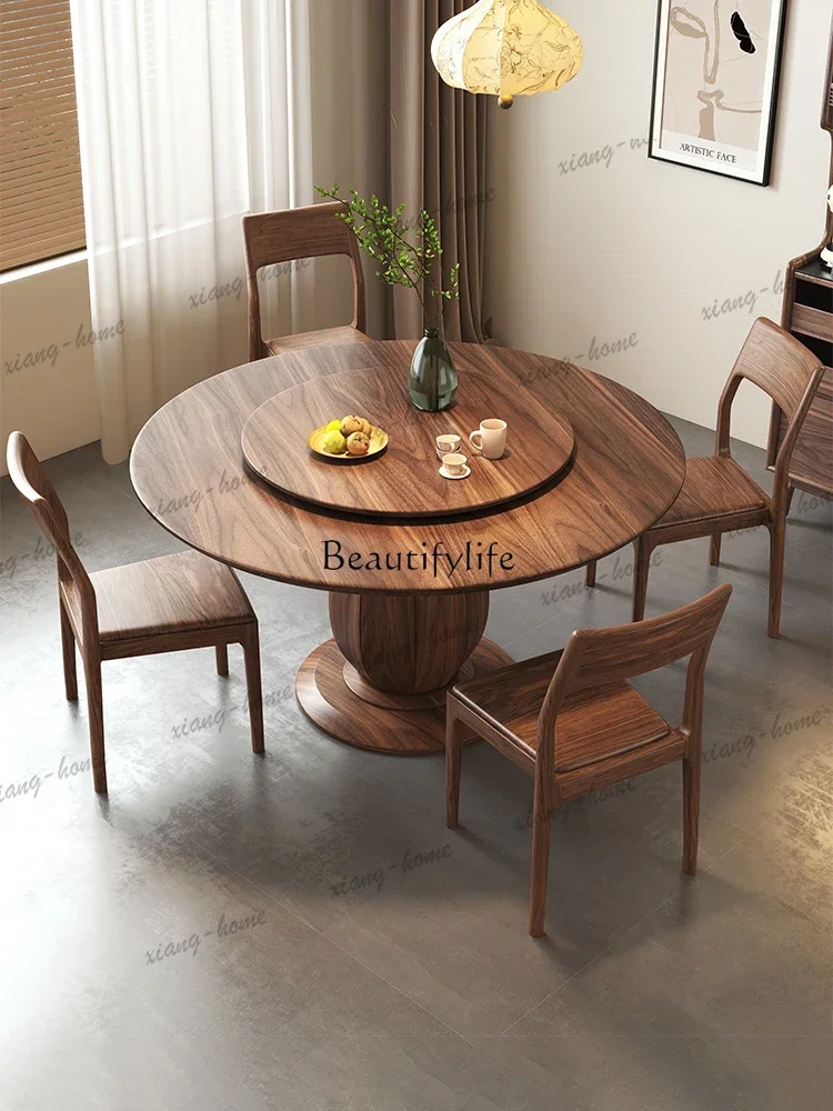 Customizable New Chinese Black Walnut Round Dining Table Household High-end Solid Wood Turntable