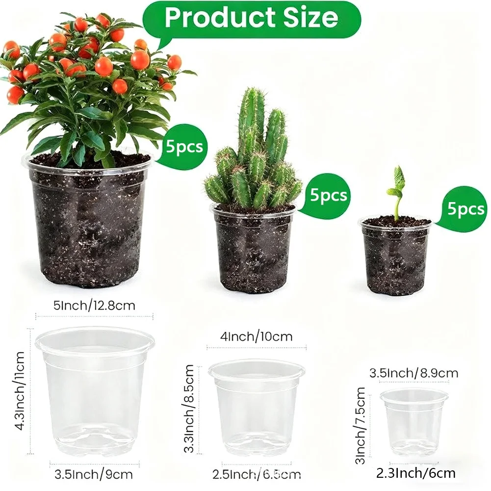 Clear Plastic Pots 25 Piece Set with Drainage and Saucer for Indoor Outdoor Gardening Projects and Plant Cultivation Needs
