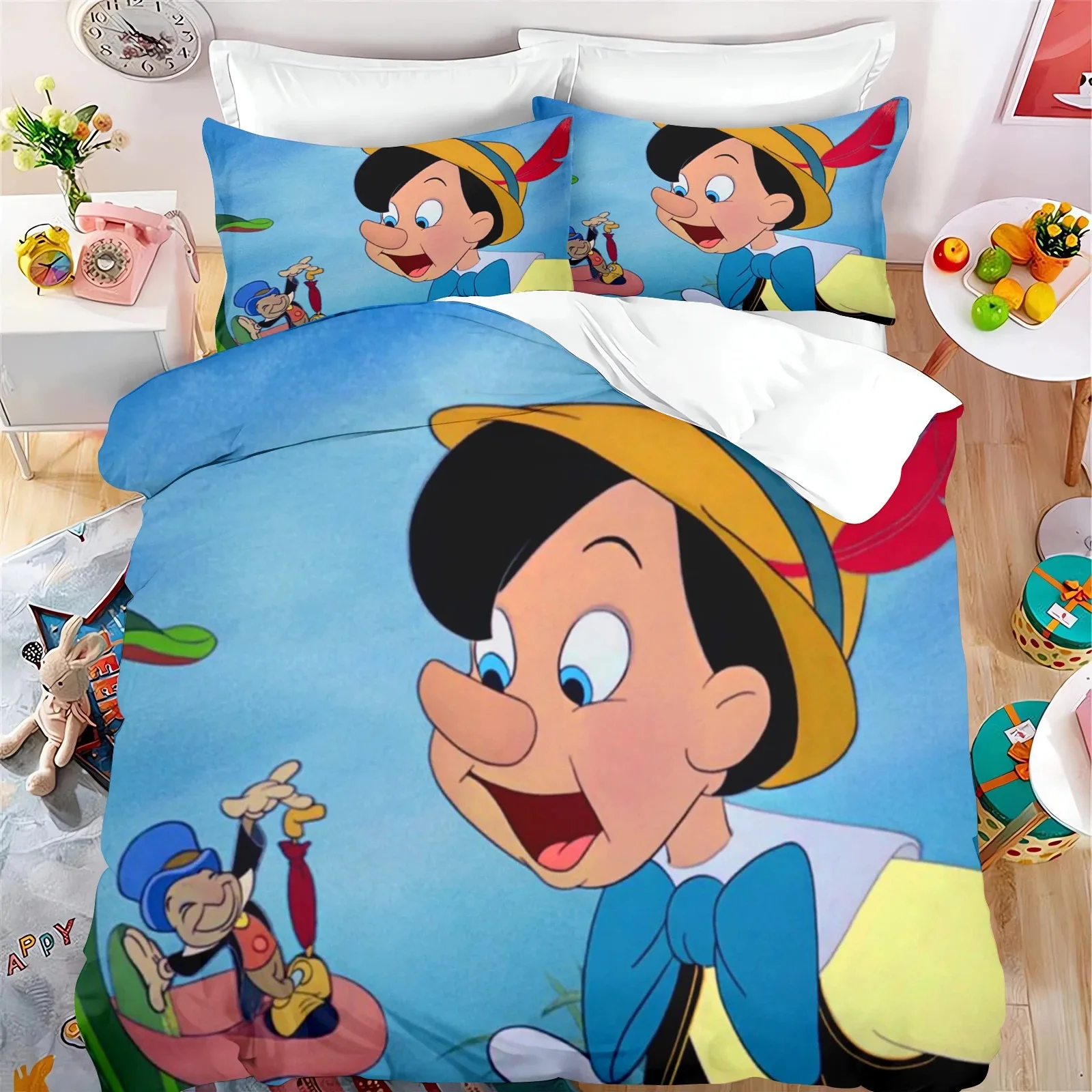 Disney Pinocchio duvet cover pillowcase, home room bedroom decoration boy girl bedding set cartoon, queen size double bed