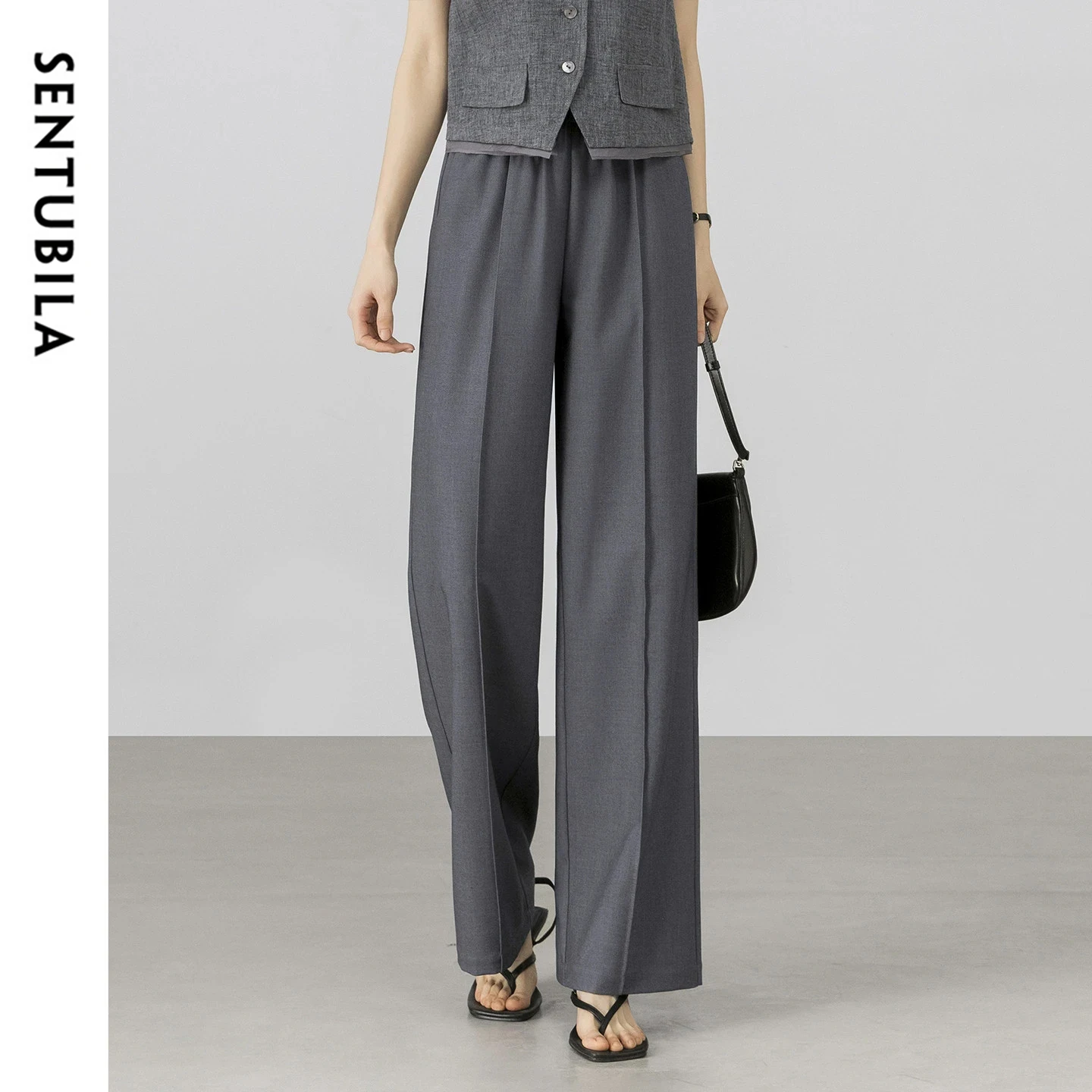 

SENTUBILA Women's Grey Office Straight Pants 2026 Spring New Minimalist Versatile Elastic Waist Casual Loose Long Pant 161KA5849