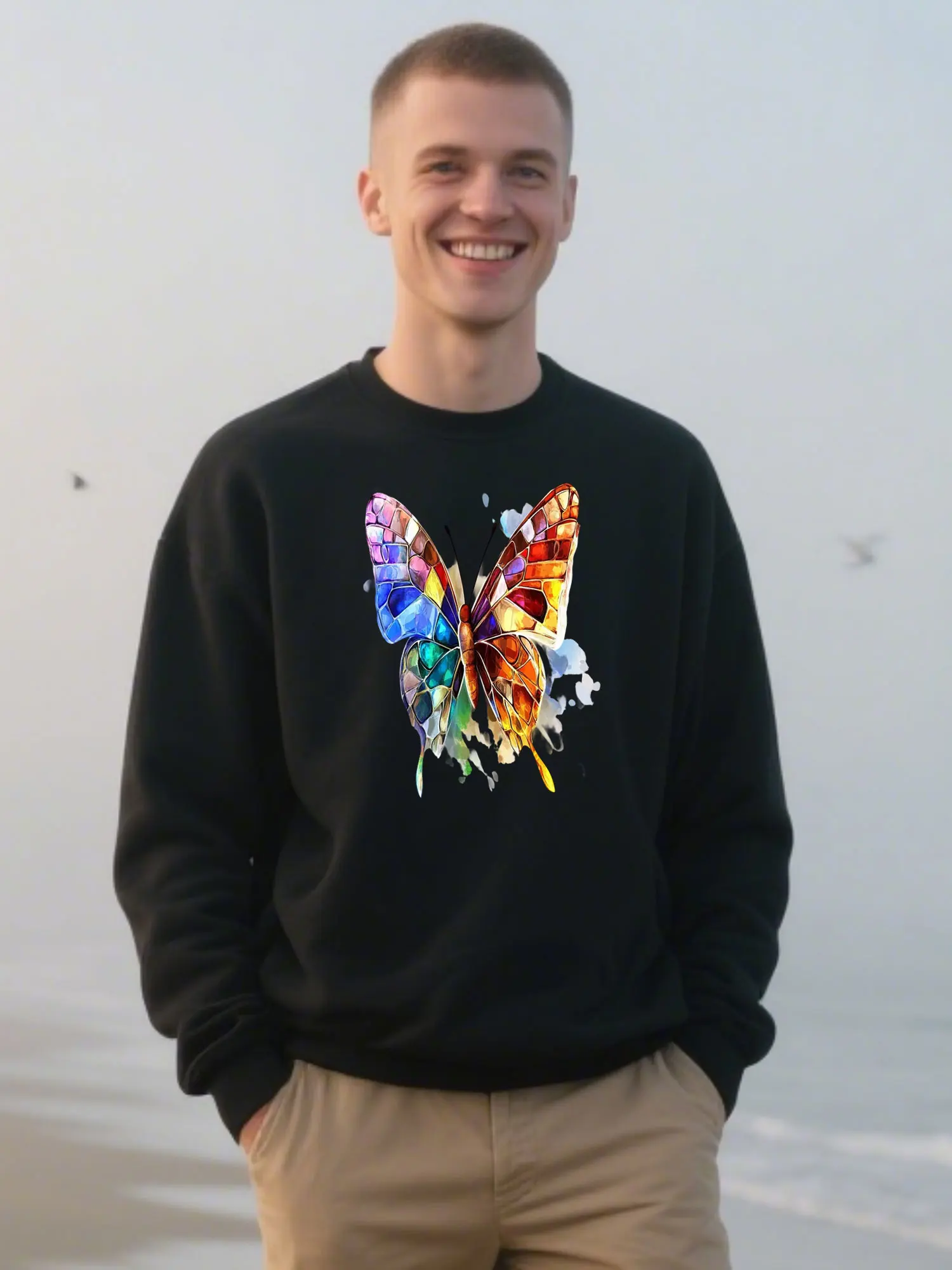 

Unisex Soft Cotton Crewneck Sweatshirt With Artistic Mosaic Butterfly Graphic, Thanksgiving Gift Essential​